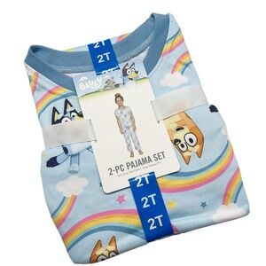 NWT Bluey Blue Rainbow Print Short Sleeve Long Pants 2 Piece Pajama Set Size 2T